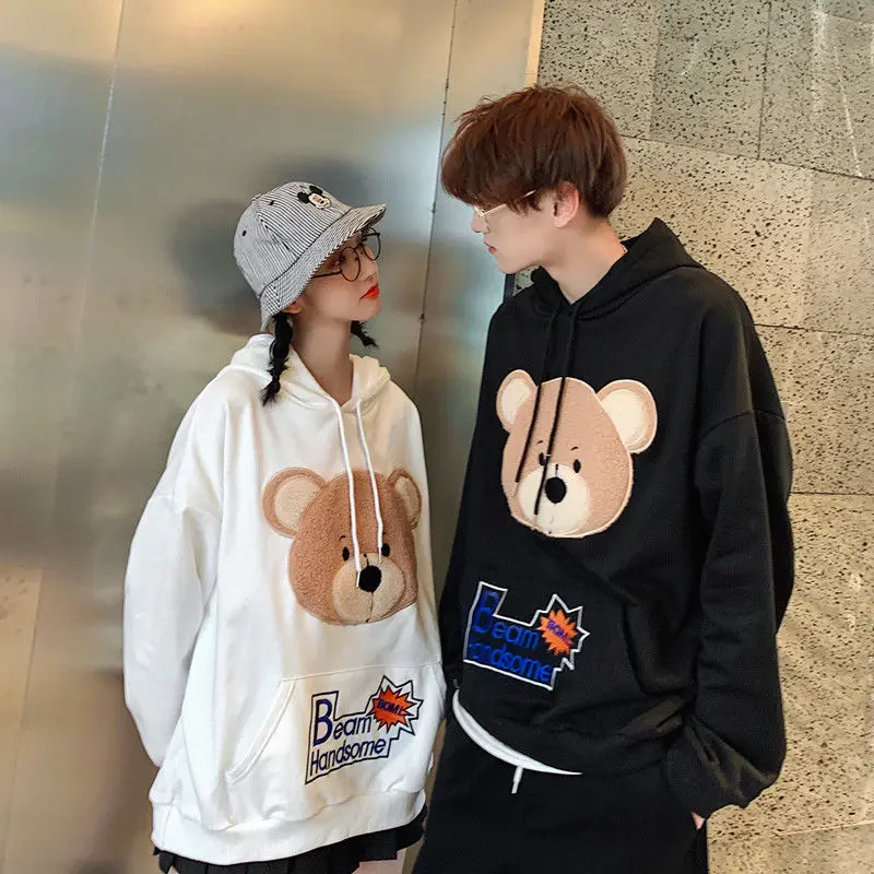Bear Pattern Long Sleeve Hoodie Couple Wear Oversized Korean Winter Long Sleeve Hoodie Harajuku