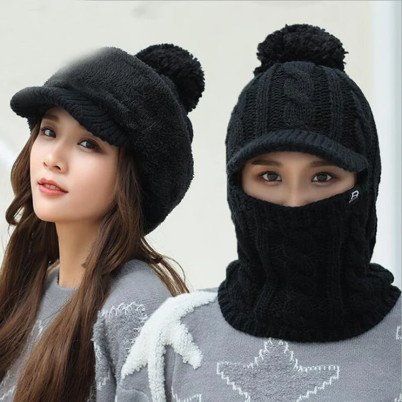 

2021 Warm Neck Knit Hat Fur Pompoms Hat Mask Winter Hat For Girl Wool Knitted Hat Female Balaclava Caps Bonnet