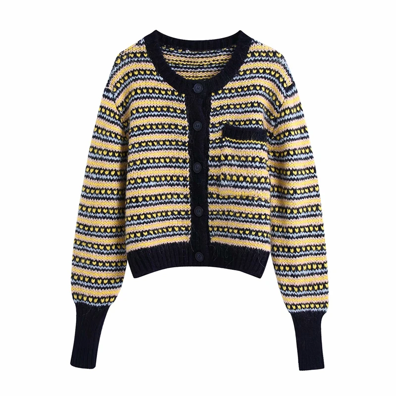 

ZXQJ Vintage Women Striped Sweaters 2021 Fashion Ladies O-Neck Pocket Knitted Coats Streetwear Female Chic Button Cardigans