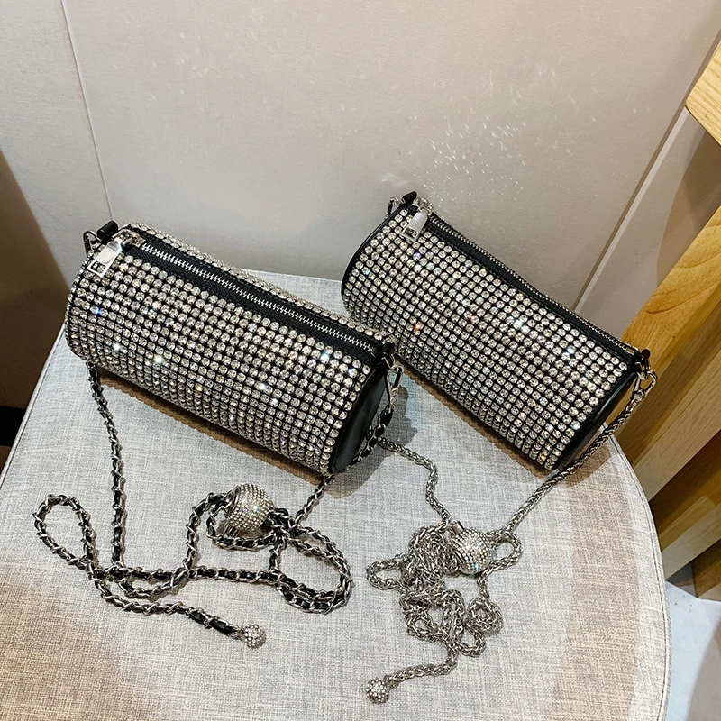 

New Women Messenger Bag Single Shoulder Bag Metal Chain Rhinestone Daimond Cylinder Handbag Flash Bling Pillow Crossbody Bag