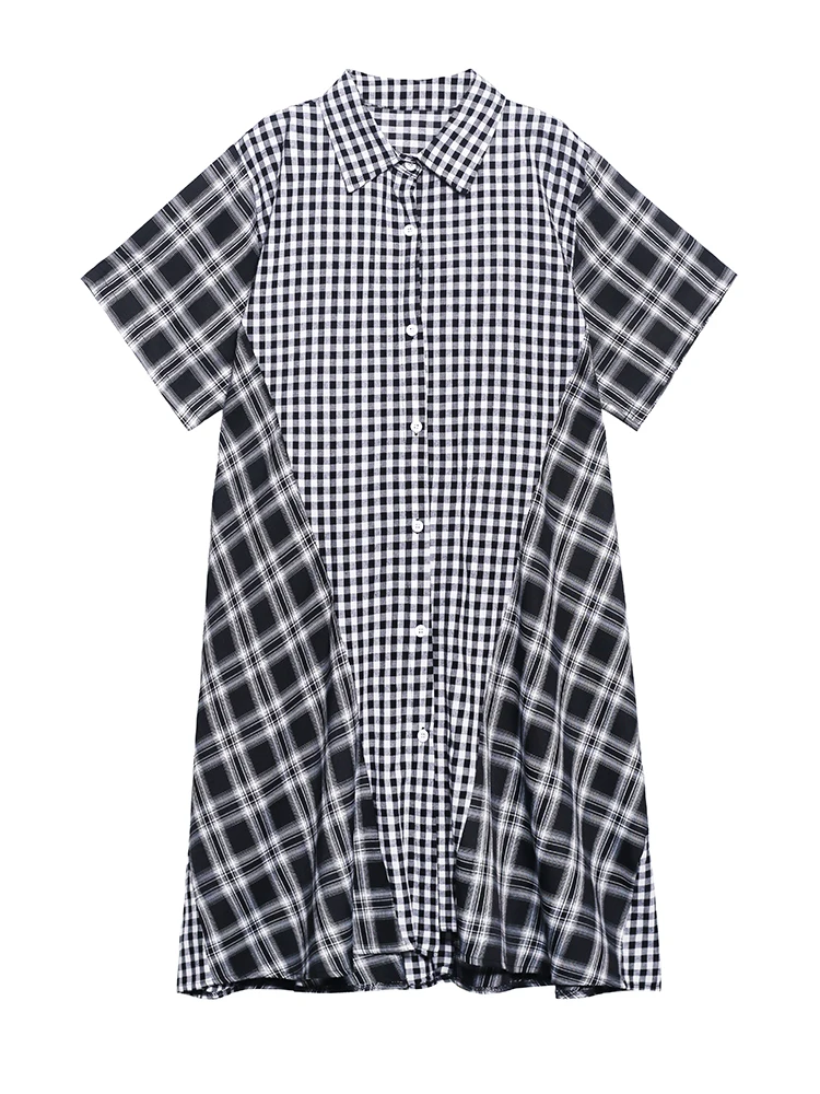 

SuperAen Summer Loose Slim Long Retro Turn Down Collar Casual Plaid Dress for Women