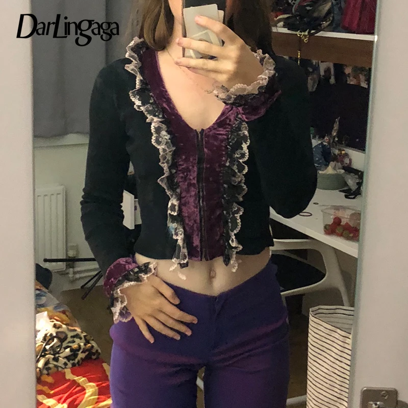 

Darlingaga Retro Grunge Fairycore Lace Ruffles Patchwork Y2K Top Autumn Women T-shirts Frills Zipper Gothic Dark Academia Shirt