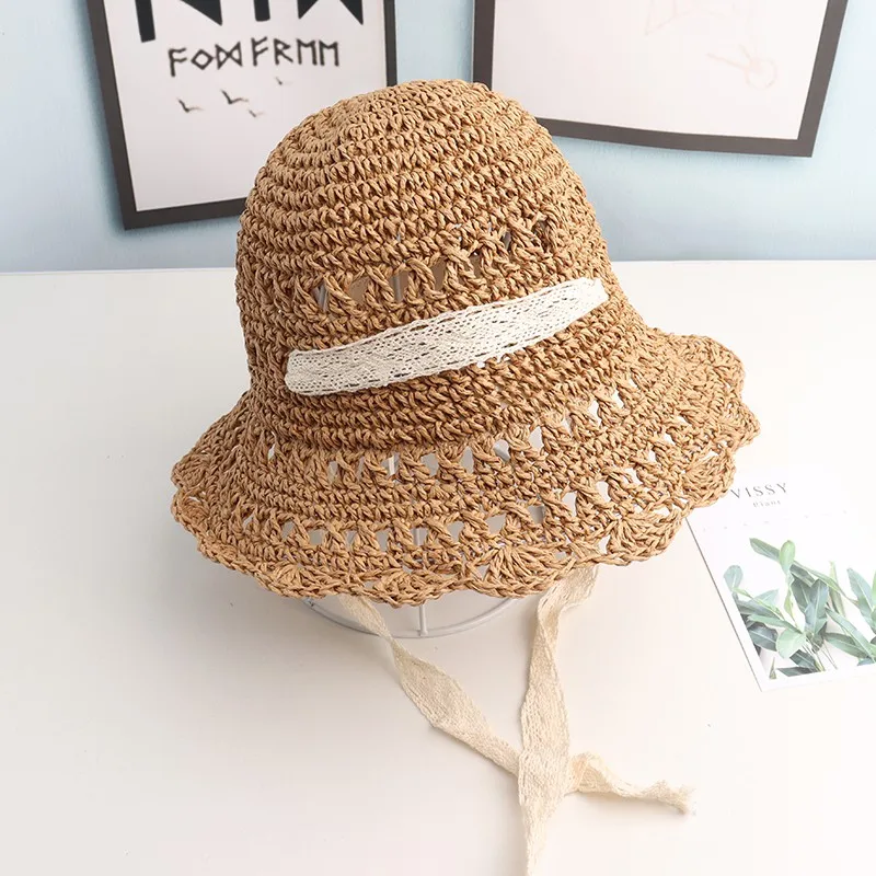 

Girls Summer Cap Ribbon Decorate Wavy Straw Hat For Girls Children Panama Hat Baby Sun Hats Caps