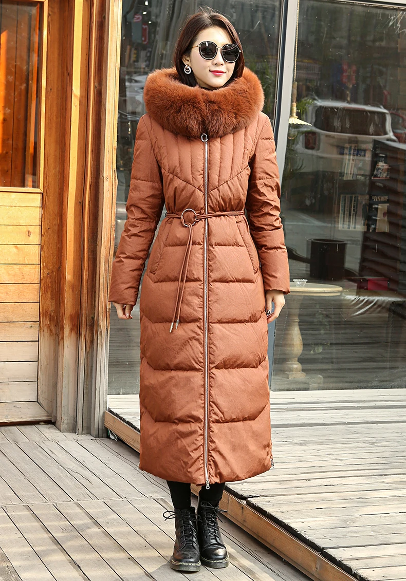 DHfinery женский зимний пуховик Длинный дизайнерский на 90% белом утином пуху большой