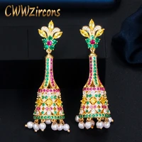 cwwzircons elegant red green cubic zirconia stone long pearl drop dangle earrings for women vintage ethnic party jewelry cz717