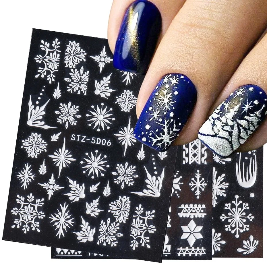 

5D White Snowflakes Embossed Sticker Christmas New Year French Line Nail Art Design Winter Charms Flower Manicure Slider Decals