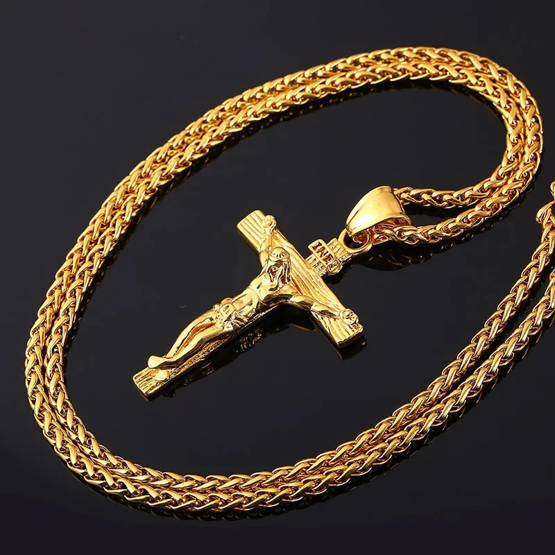 

Vintage Cross Golden Stainless Steel Jesus Necklace Pendant Men's And Women's Christianity Keel Chain High-end Jewelry Gifts