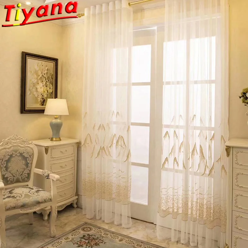 

Grey/Coffee Mountain River Embroidery Tulle Curtains for Living Room Landscape Pattern Gauze for Balcony X-HM640#VT