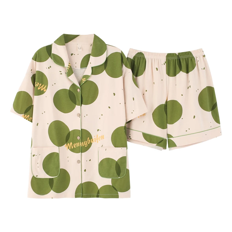 Caiyier 100% Cotton Pajamas Set Cute Avocado Green Dot Short Sleeve Sleepwear High Quality Pijama Ladies Casual Summer Nightwear | Женская
