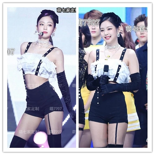 

Kpop Korea Girl Group Jazz Dance White Sleeveless Lace Camisole Tanks Vest+Black Sexy Slim High Waist Elastic Shorts Women Sets