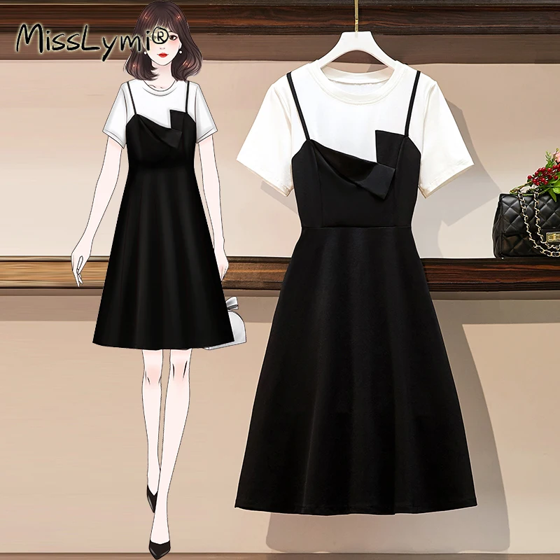 

5XL Plus Size Women Korean Casual Dress Summer 2021 Short Sleeve Cotton Tshirt Patchwork Fake Two Piece Sling A-Line Dresses