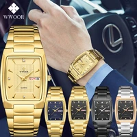 2021 wwoor luxury gold full steel watches mens square quartz wristwatch for men sport waterproof week and date relogio masculino
