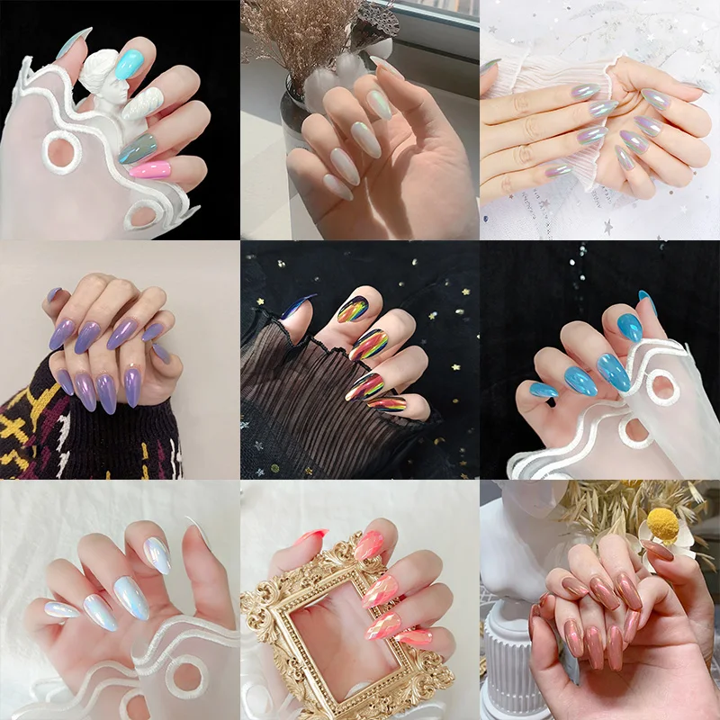 

24pcs/set Aurora Shiny Fake Nails Detachable False Nail Pink Yellow Sharp French Nail Art Gradient Press On Nail Tips