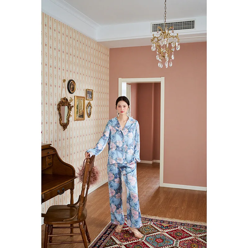 Pink blue ice silk pajamas ladies new long-sleeved trousers suit pijamas women