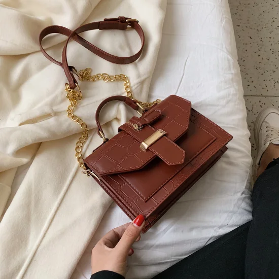 Brown Каменный узор PU кожа сплошной цвет сумки через плечо для женщин Мини цепь сумка через плечо женские сумки - Цвет: Brown