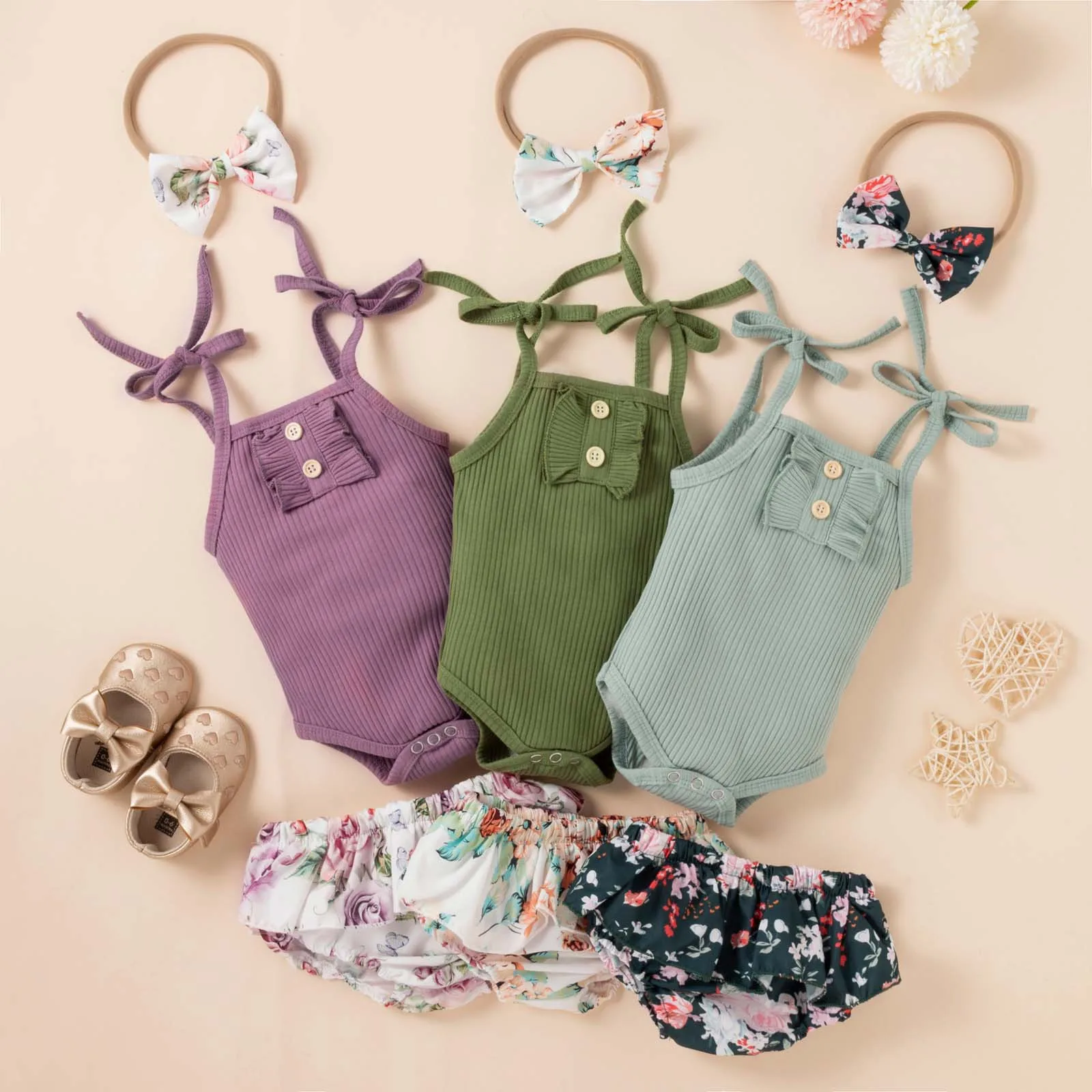 

Одежда для малышей Летняя одежда для девочек платье без рукавов на бретельках, французский Ребро сверху, шорты с цветочным принтом, костюм д...