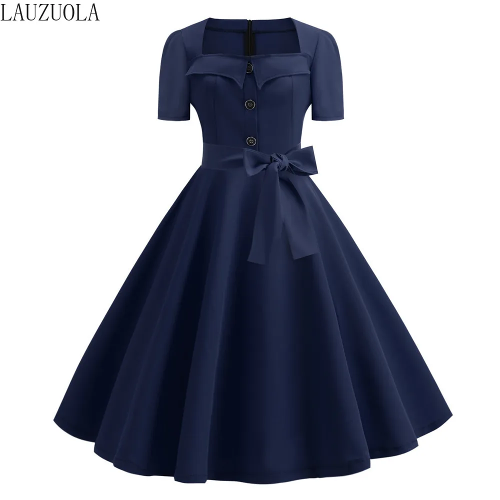 LAUZUOLA/синее женское винтажное летнее платье халат с коротким рукавом 50s 60s в стиле пин-ап расклешенное рокабилли Vestidos офисные вечерние платья