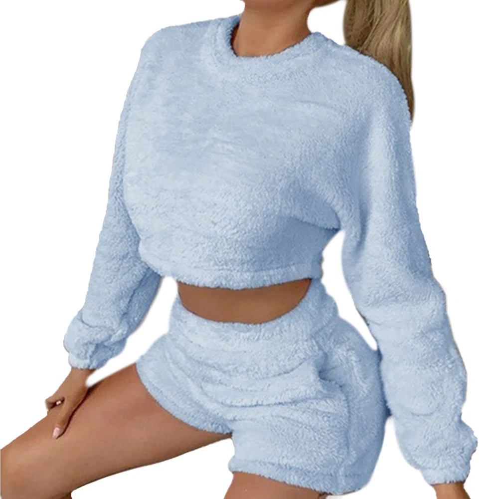 

2pcs Women Casual Fashion Solid Color Warm Thicken Plush O-neck Long Sleeve Sweater Shorts Tracksuit Set