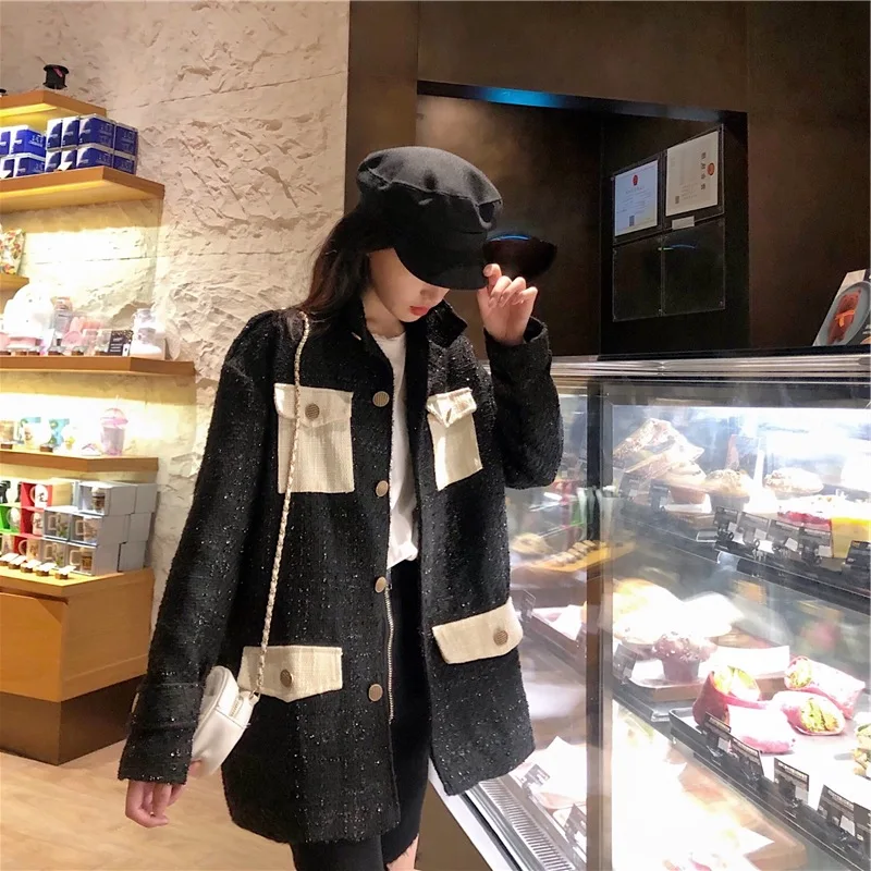 Стиль Liangsi контрастный цвет твид модная шерстяная куртка Женская Осенняя мода женская одежда магазин Модная элегантная Корея