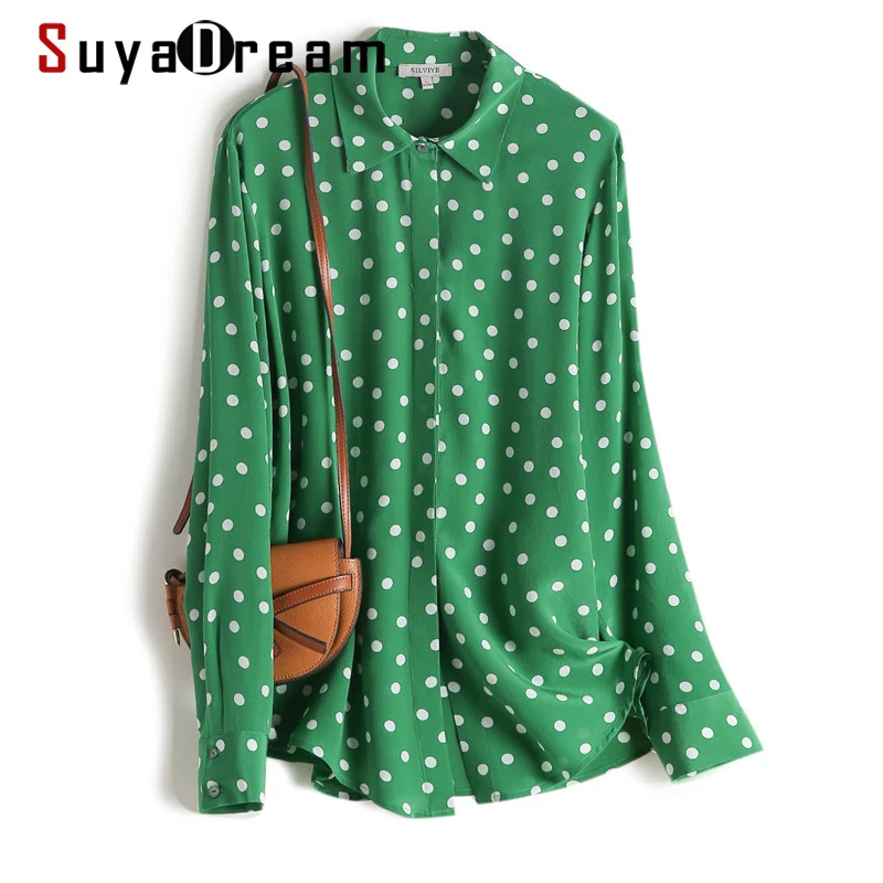 

SuyaDream Silk Blouses Woman 100% REAL SILK CREPE Polka Dots Long Sleeve Green Office Chic Blouse Shirt 2020 Elegant Shirt