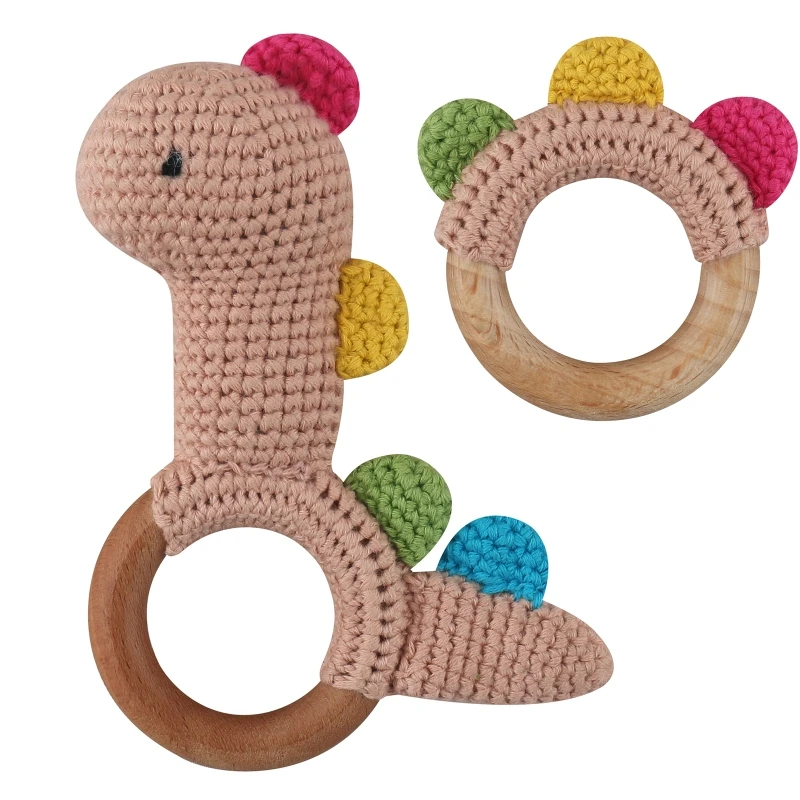 

2Pcs/Set BPA Free Crochet Dinosaur Baby Teether Rattle Safe Beech Wooden Teether Ring Newborn Mobile Gym Educational Toy Baby S