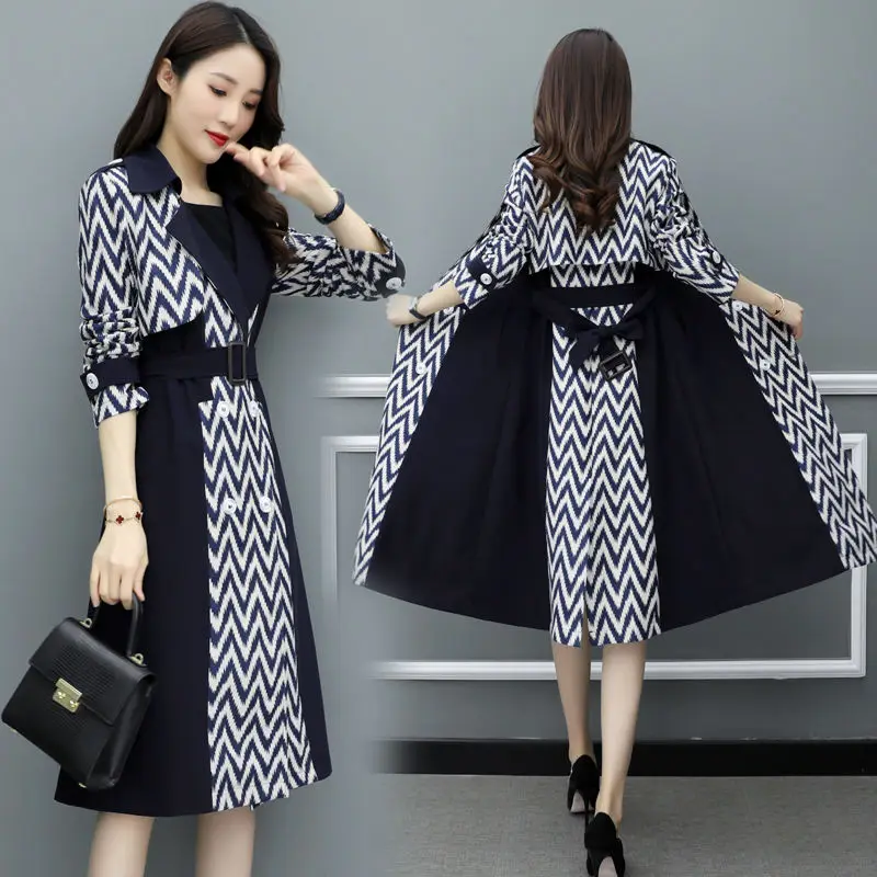 

2021 New Product Jacket Women's Mid-length Spring and Autumn Tie-waist Contrast Color Windbreaker Mid-length Women