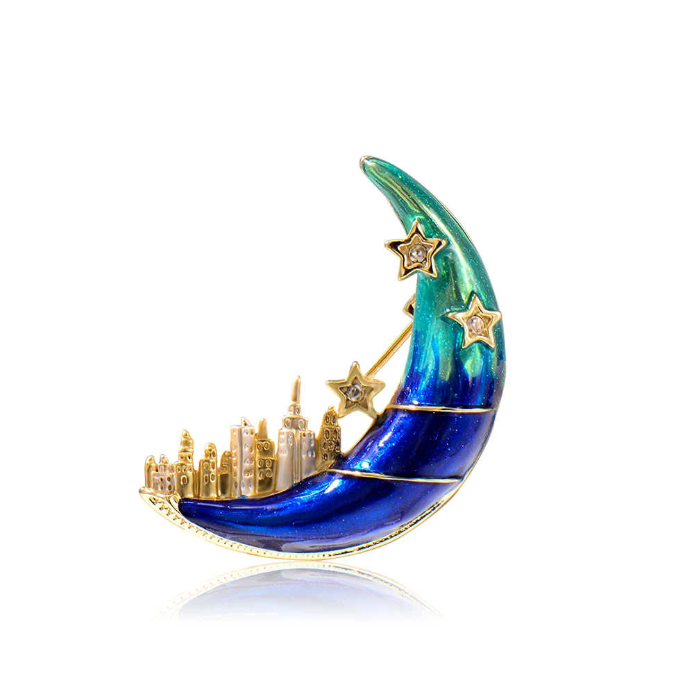 

Blucome Shiny Blue Moon with Starry Castle Shape Brooches Enamel Copper Corsage Accessory Pins for Women Kids Jewelry Gifts