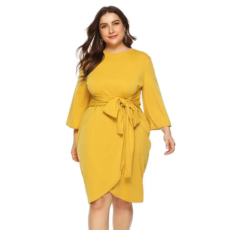 

Women Plus Size Flare 3/4 Sleeves O-Neck Slim Midi Dress Irregular Cross Wrap Front Bandage Tie Empire Waist Cocktail Party H05D