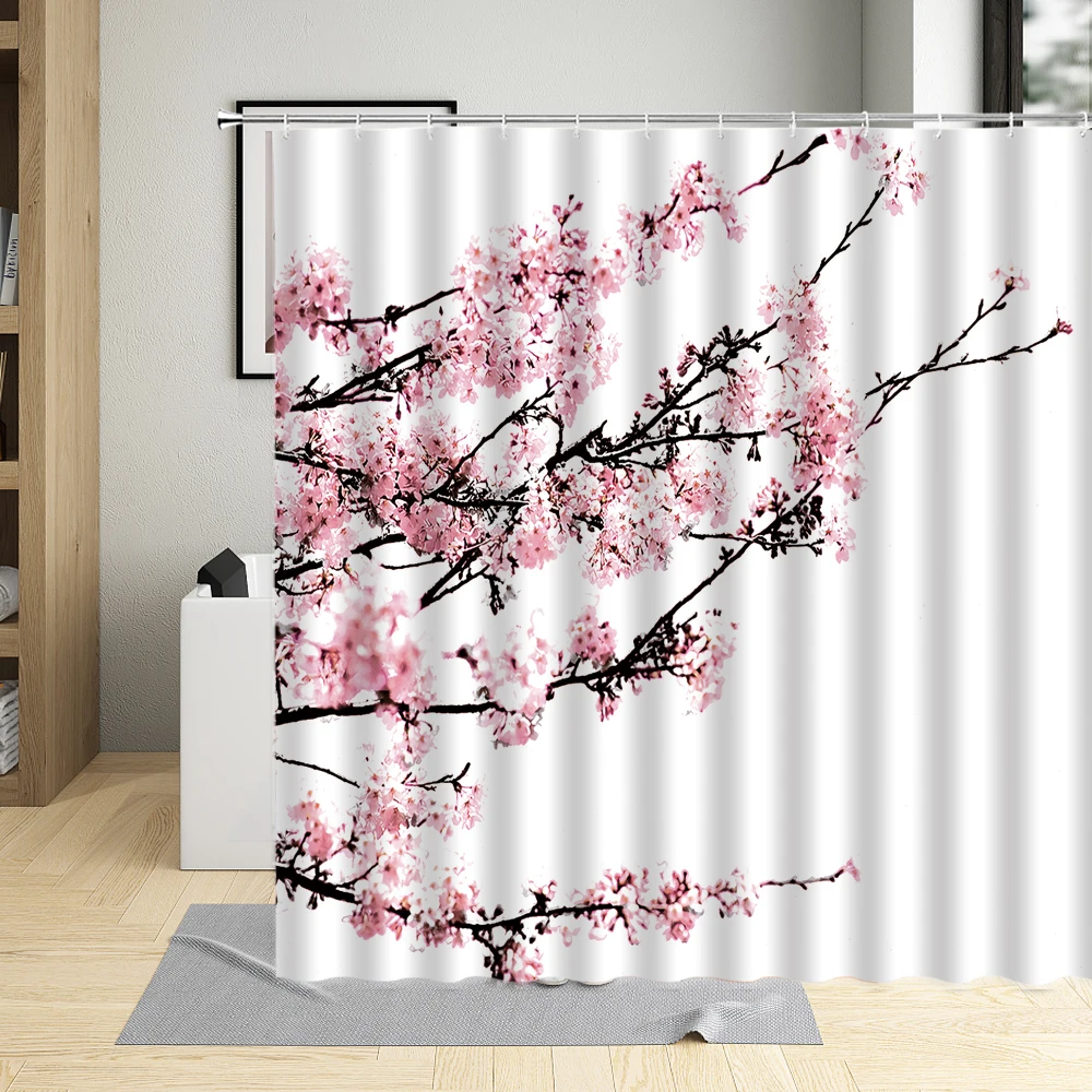

Pink Cherry Blossom Shower Curtain Orchid Bird Peach Flower Scenery Bathroom Bathtub Decoration Wall Cloth Hanging Curtains Sets