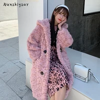 winter korean mid length loose big pocket women thicken hooded faux wool fur coat soft warm outerwear female casual plus size
