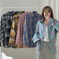 korean checkered shirt vintage top plaid shirt long sleeve womens shirt loose mid length shirt blouses women new spring 2021