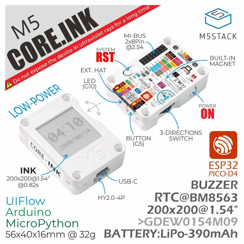 

Официальный комплект разработки чернил M5Stack ESP32 Core (дисплей eInk 1,54 дюйма), терминал IoT, электронная книга, промышленная панель управления 390 мА...