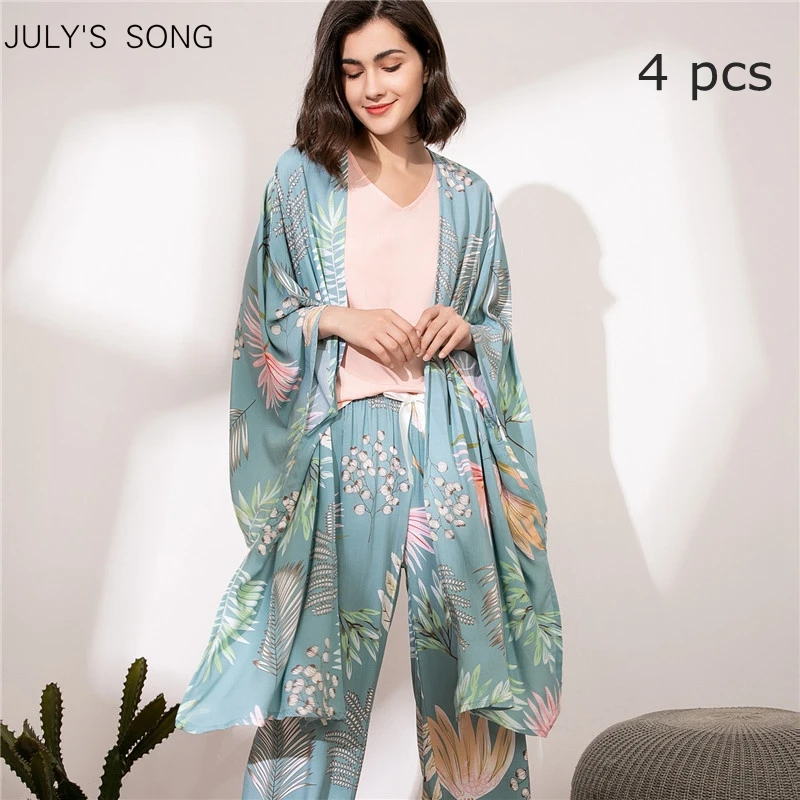 Пижамный комплект JULY'S SONG женский из 4 предметов, мягкая одежда для сна с цветочным принтом и шортами, ночная рубашка для отдыха, Осень-зима - изображение