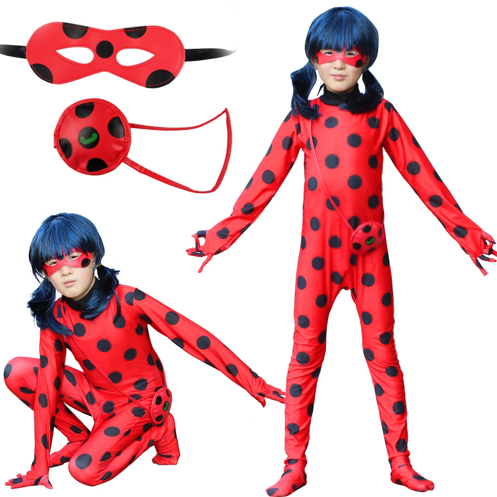 

Halloween Girls Boys Fantasia Spandex Redbug Costumes Kids Christmas Party Clothes Children Redgirls With Bag Wig