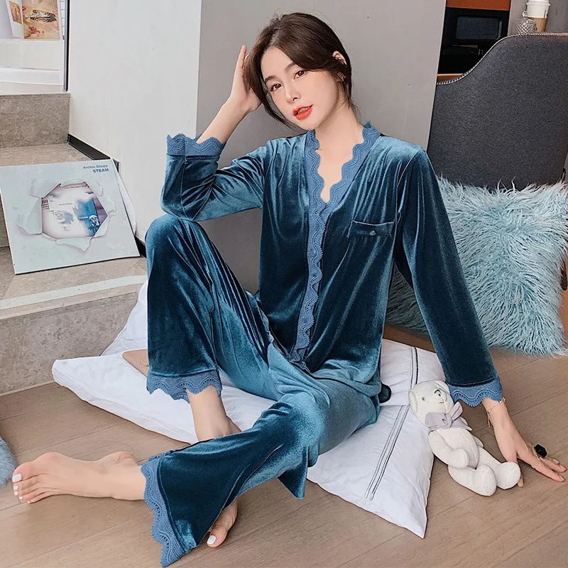

Velour Pajamas Set Autumn Winter Women Pijamas Suit 2PCS Shirt&pant Pink Velvet Sleep Set Casual Kimono Bathrobe Soft Homewear
