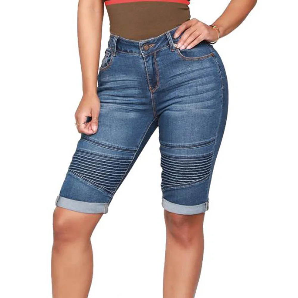 Шорты женские джинсовые с завышенной талией длинные эластичные классические