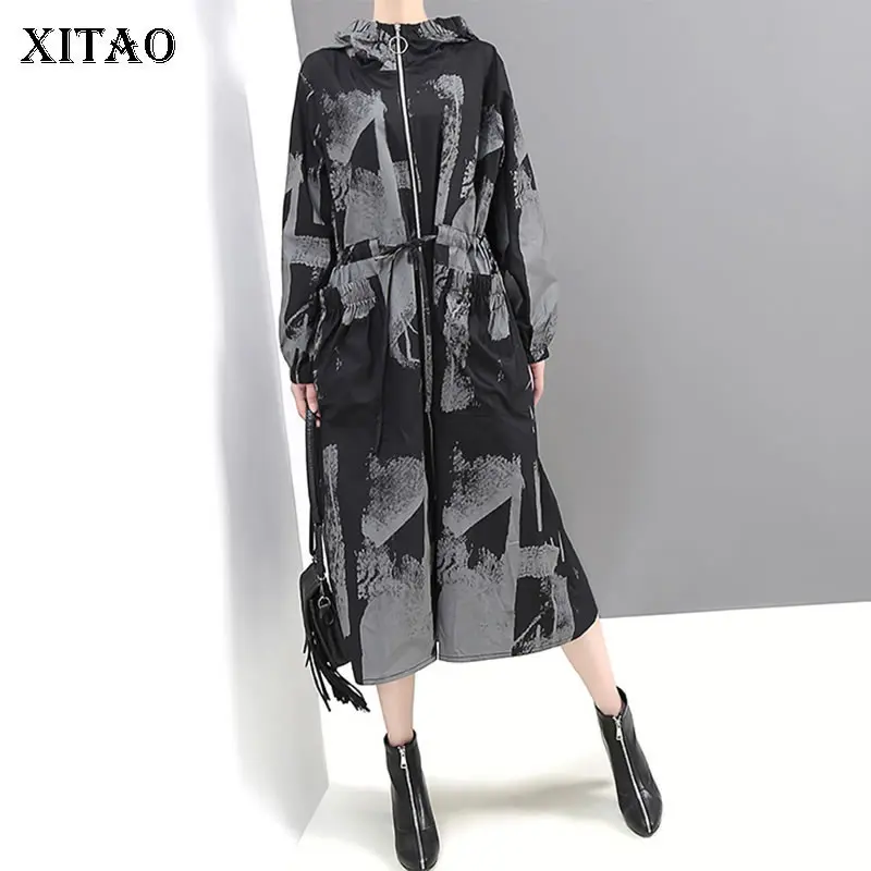 XITAO/большой размер длинный Тренч с принтом плиссированный приталенный карман на