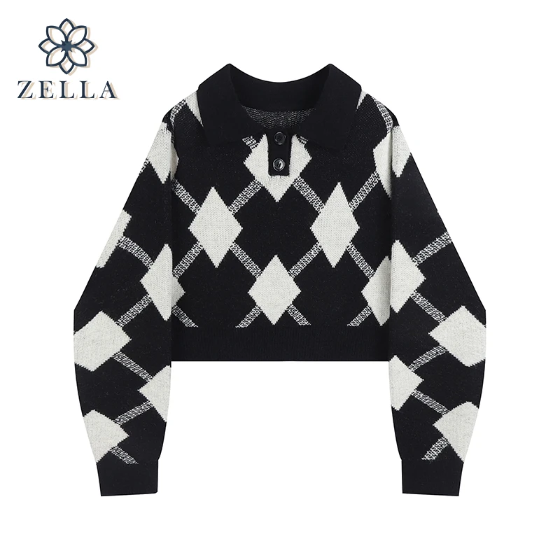 

Women Sweaters Pullovers Plaid Vintage Oversize Polo-Neck Long Sleeve Jumpers Elegant Streetwear Harajuku Sueter Mujer 2022 New