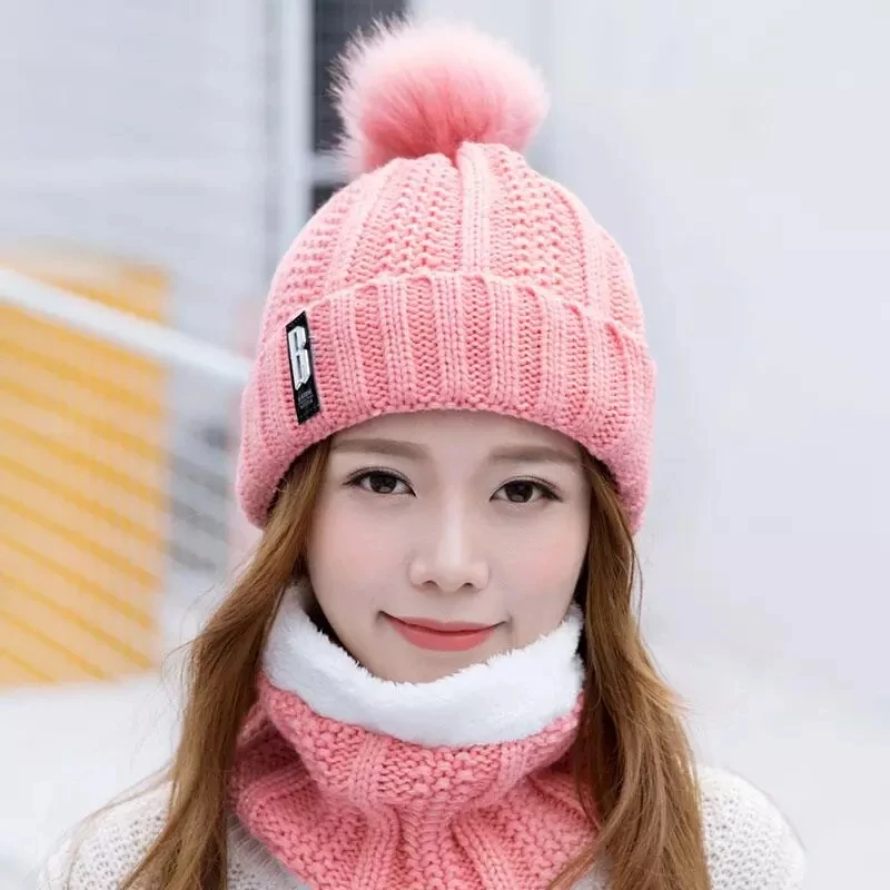 

popular modelTwo pieces Hat Scarf Set Beanie Cap woman Hats Girls Caps Fake Ball Pompon Keep Warm Winter Knitted Skullies