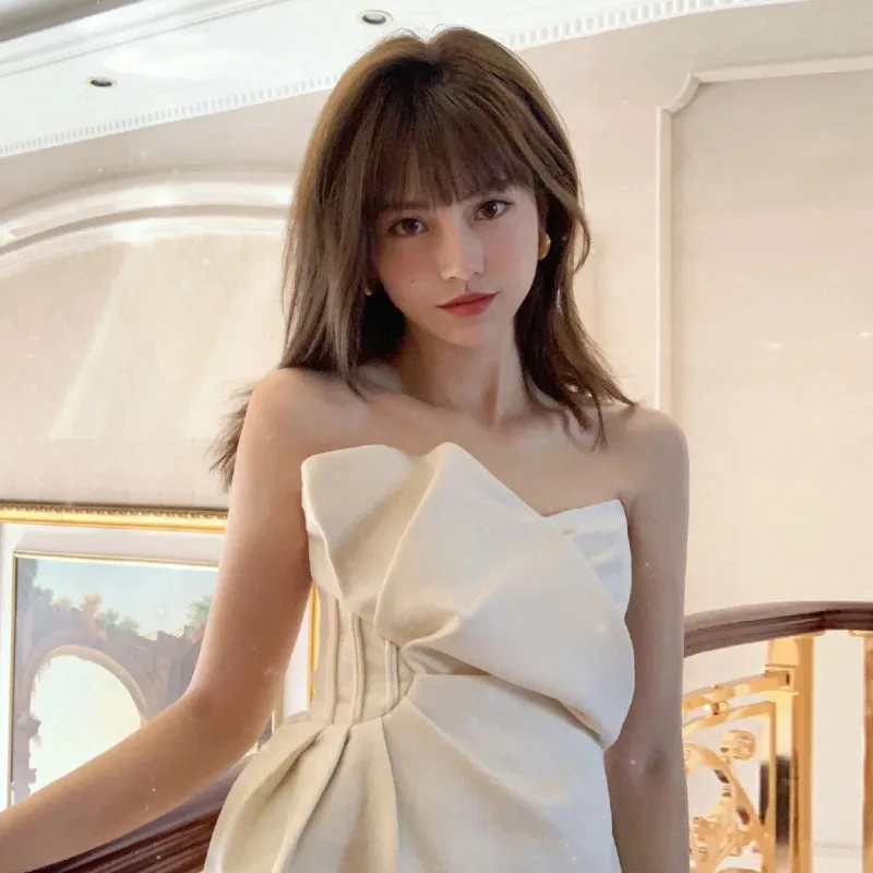 2021 Women's Spring New French Style Elegant Tube Top White Fashionable Off-the-Shoulder Goddess Slim Fit Strapless Top Shirts