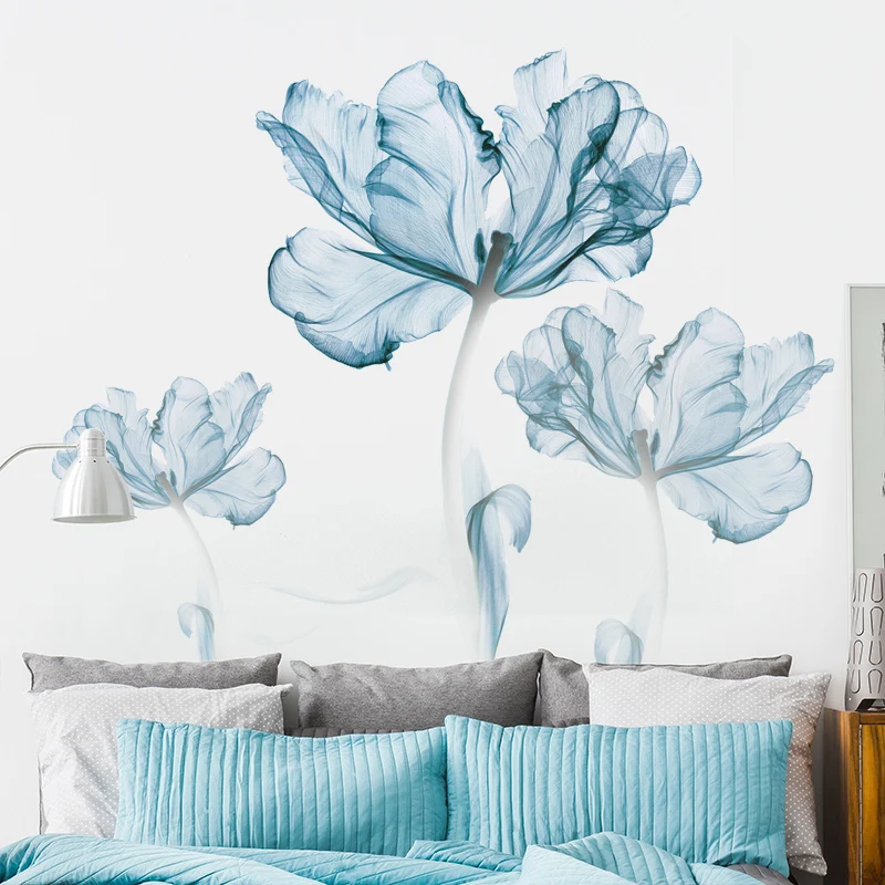 110*180cm Large Blue Flowers Wall Stickers for Living rooms Bedroom Sofa TV Background Plant Vinyl Decals Home Decoration | Дом и сад