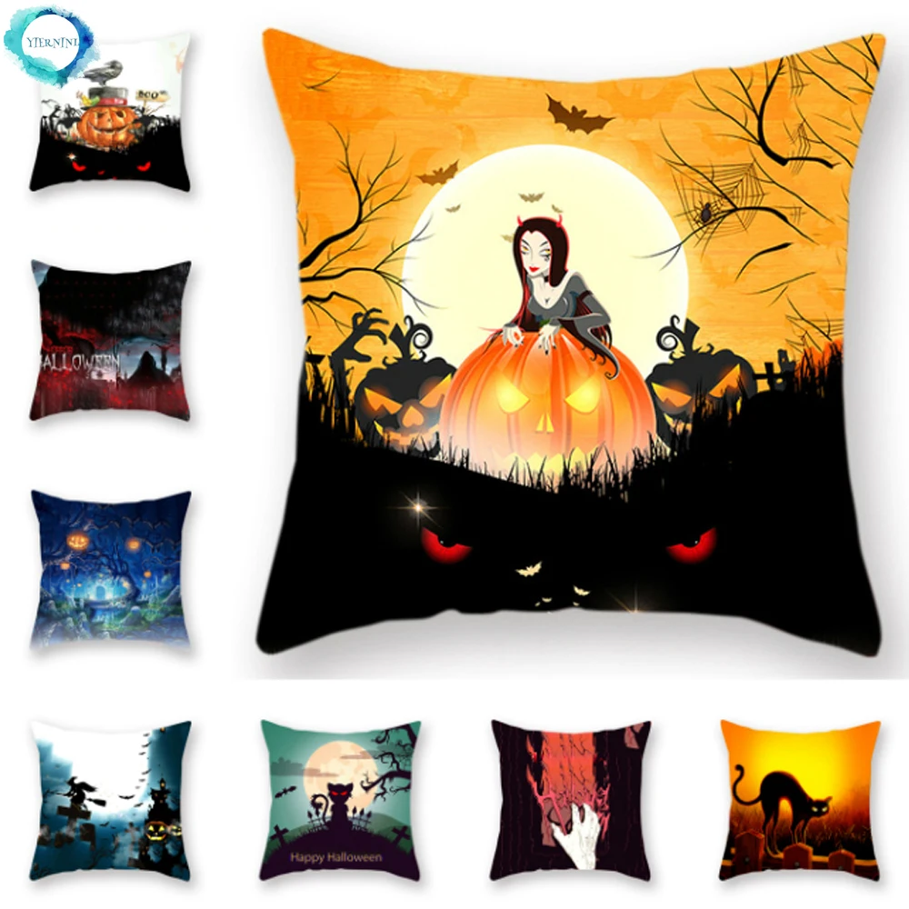 

Halloween Carnival Pumpkin Black Cat Bat Print Polyester Pillowcase Sofa Square Decorative Cushion Cover 45x45cm Fundas De Cojin