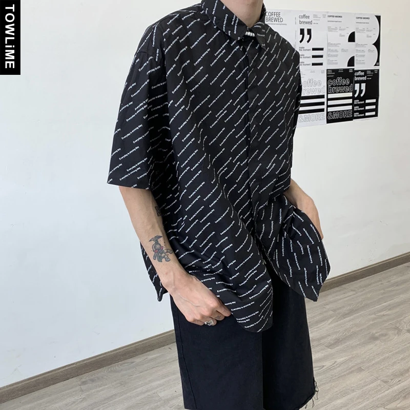 

Men's Short Sleeve Letter Printed Shirt 2021 Korean Fashion Man Casual Oversized Shirts Classic Vintage Tops Clothing