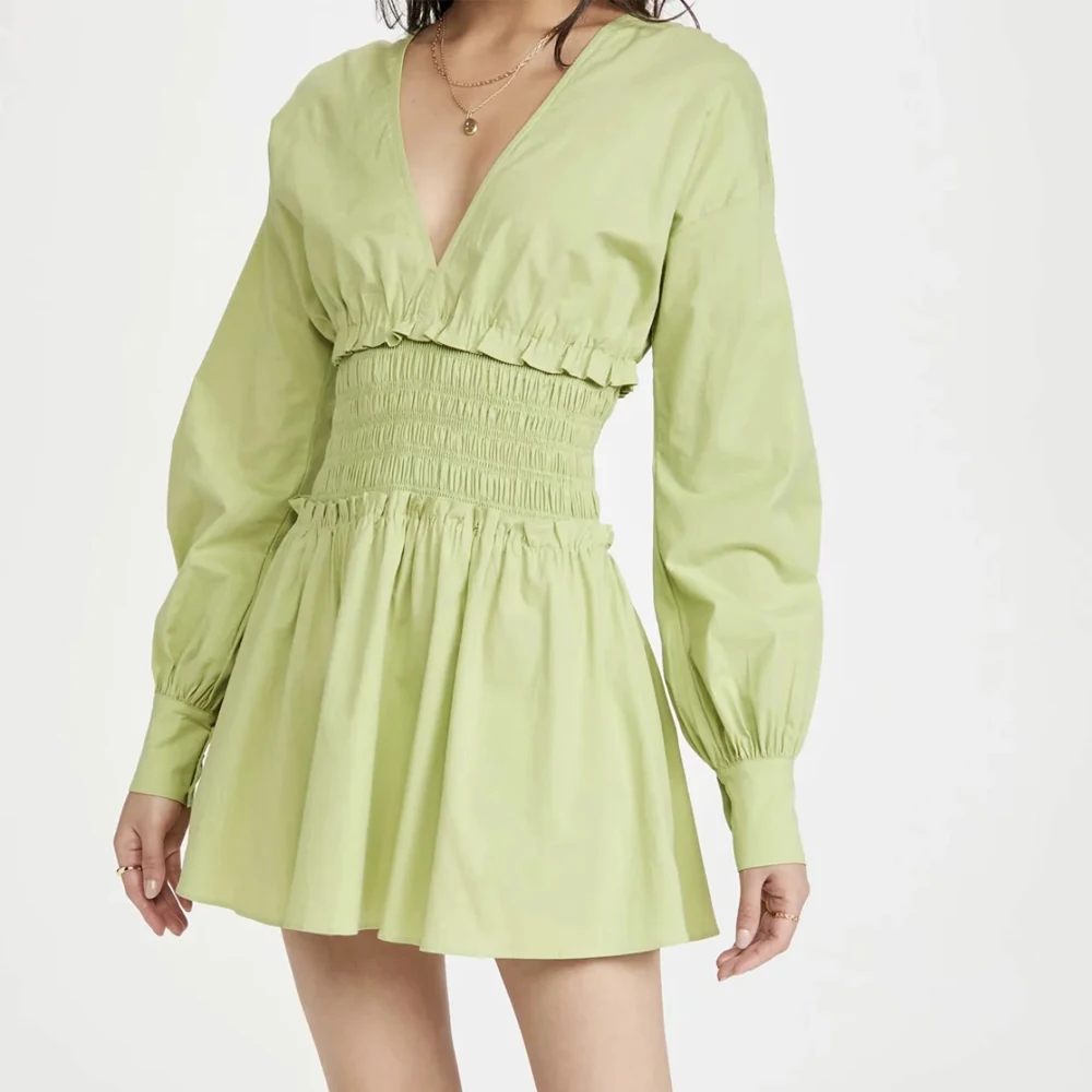 

Spring long sleeve mini Dress party A Line Elastic waist dresses sexy backless vestidos Deep V Neck Low-cut Short Robe lady 2021