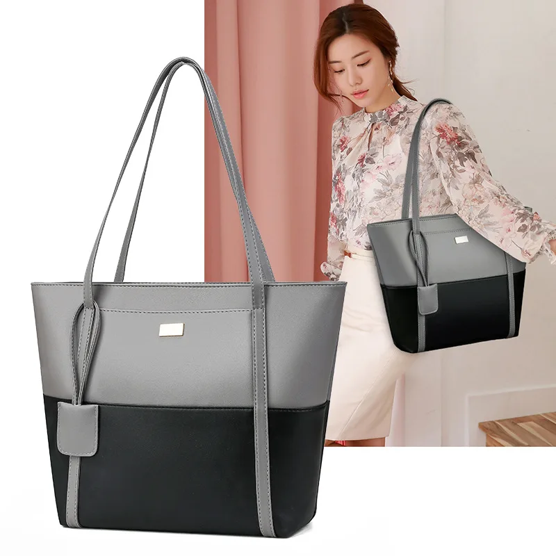 

2021 fashion women's bag popular color contrast PU leather handbag leisure bag extra large shoulder bag