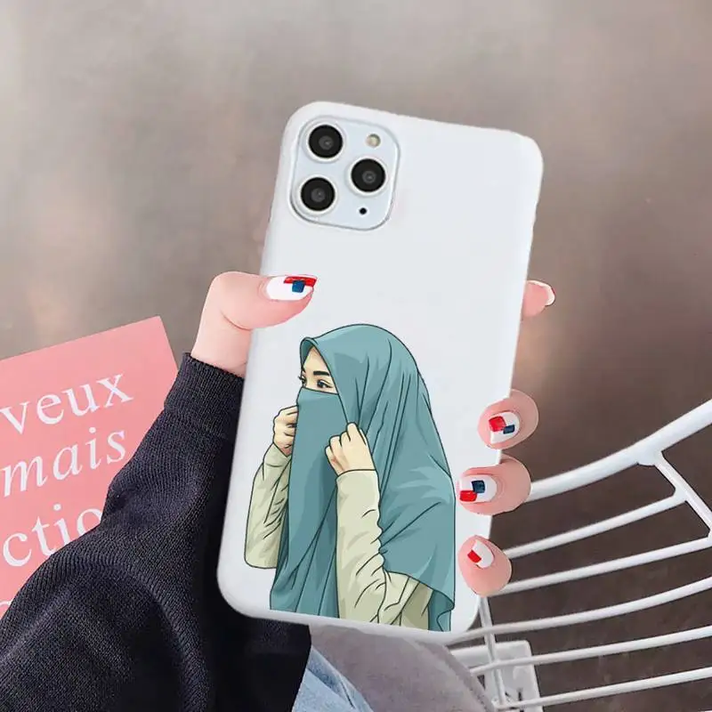 

cartoon hijab muslim Girl Phone Case White Candy Color for iPhone 6 7 8 11 12 s mini pro X XS XR MAX Plus