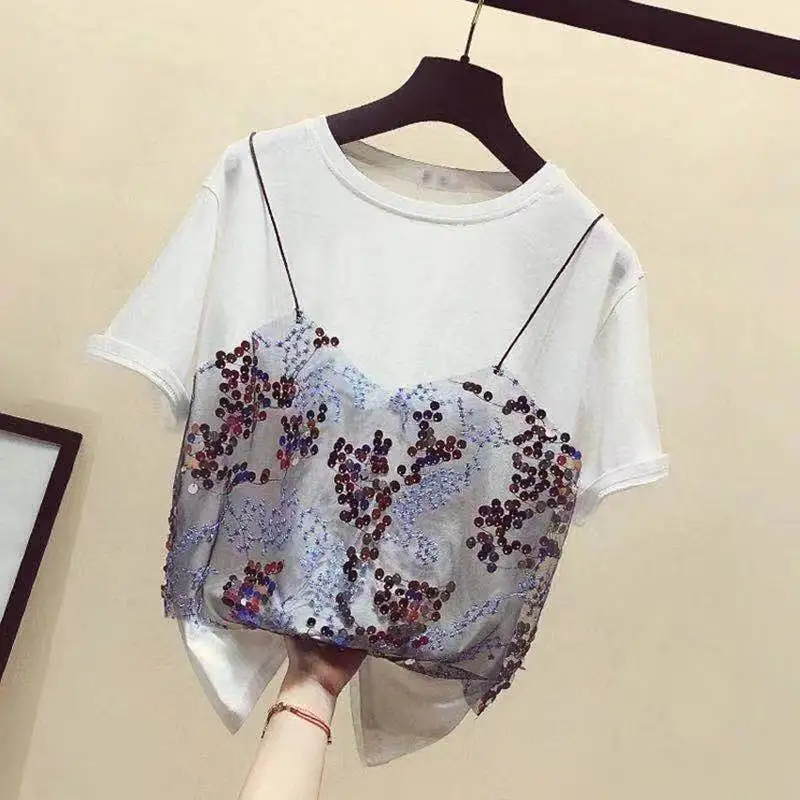 

Summer Plus Size Women's 2021 New T-shirt Suit Loose Sequined T-shirt + Denim Shorts Two-piece Suit