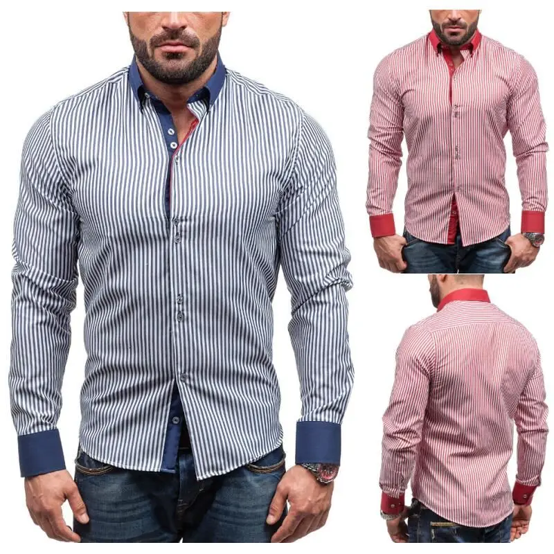 

Мужская рубашка в полоску, однотонная Повседневная рубашка с длинным рукавом и воротником, новинка 2020