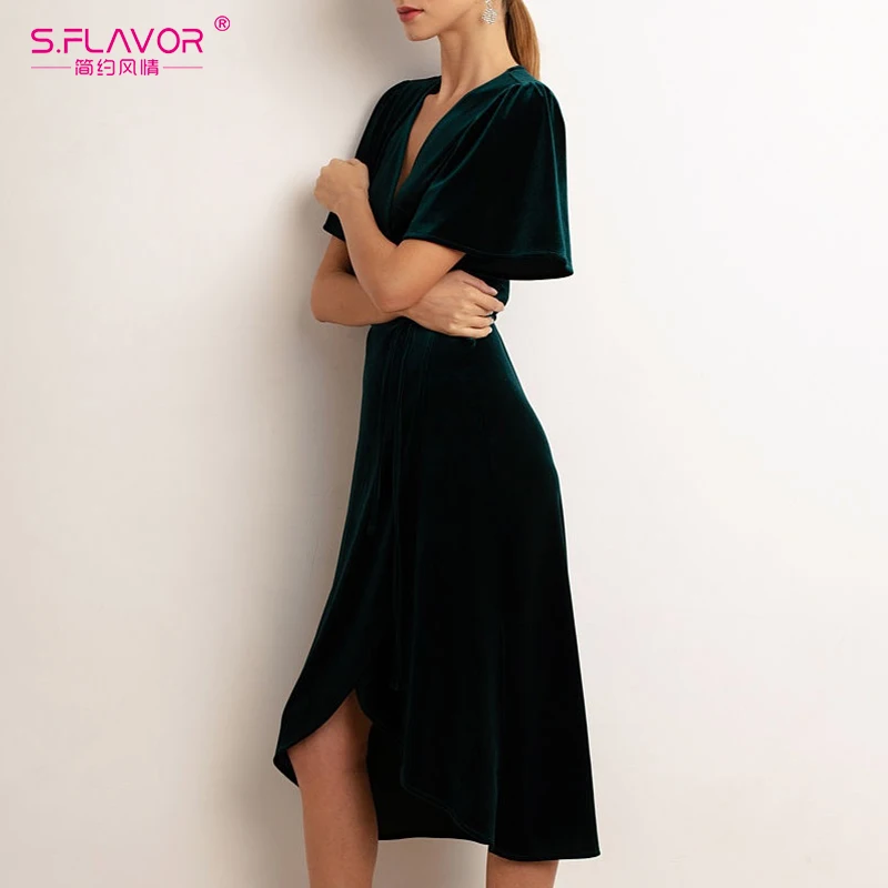 S. FLAVOR сезон весна вельветовые зеленое платье для Для женщин сексуальный v