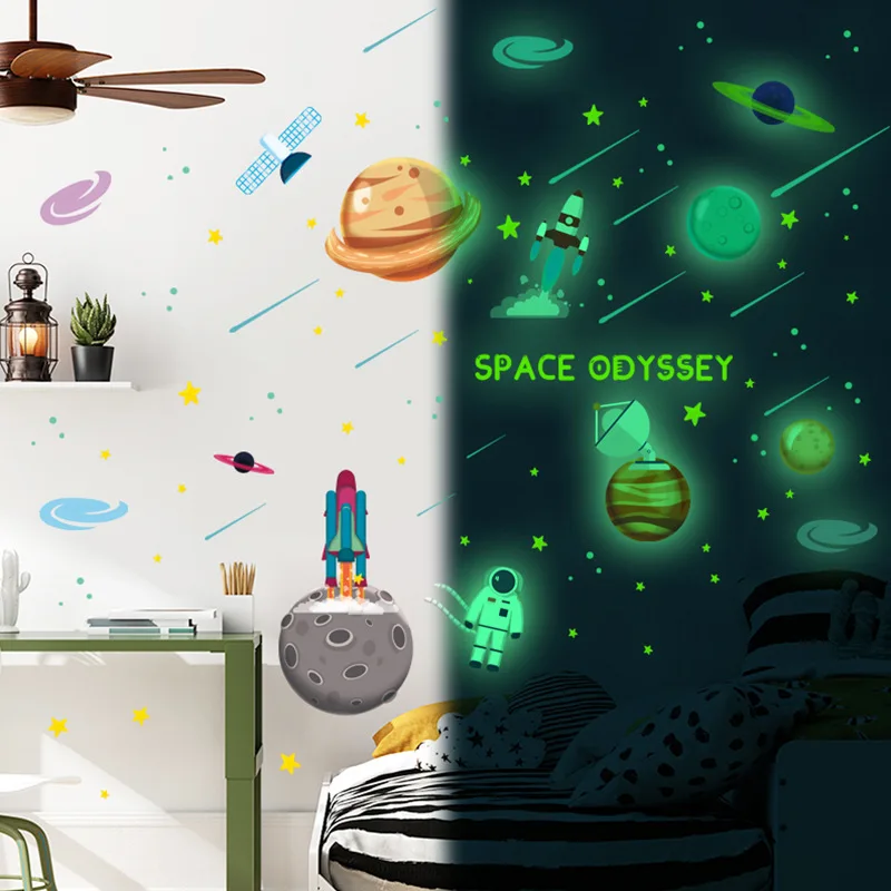 

Nightlight Space Planet Rocket Wall stickers cartoon fluorescent Interstellar Roaming Children's Room Green Light Stickers